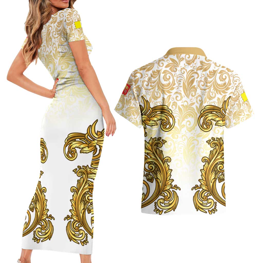 Vatican Gold Baroque Couples Matching Short Sleeve Bodycon Dress and Hawaiian Shirt Papal Crown & Keys Vintage Catholic