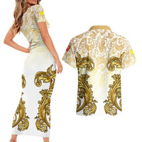 Vatican Gold Baroque Couples Matching Short Sleeve Bodycon Dress and Hawaiian Shirt Papal Crown & Keys Vintage Catholic
