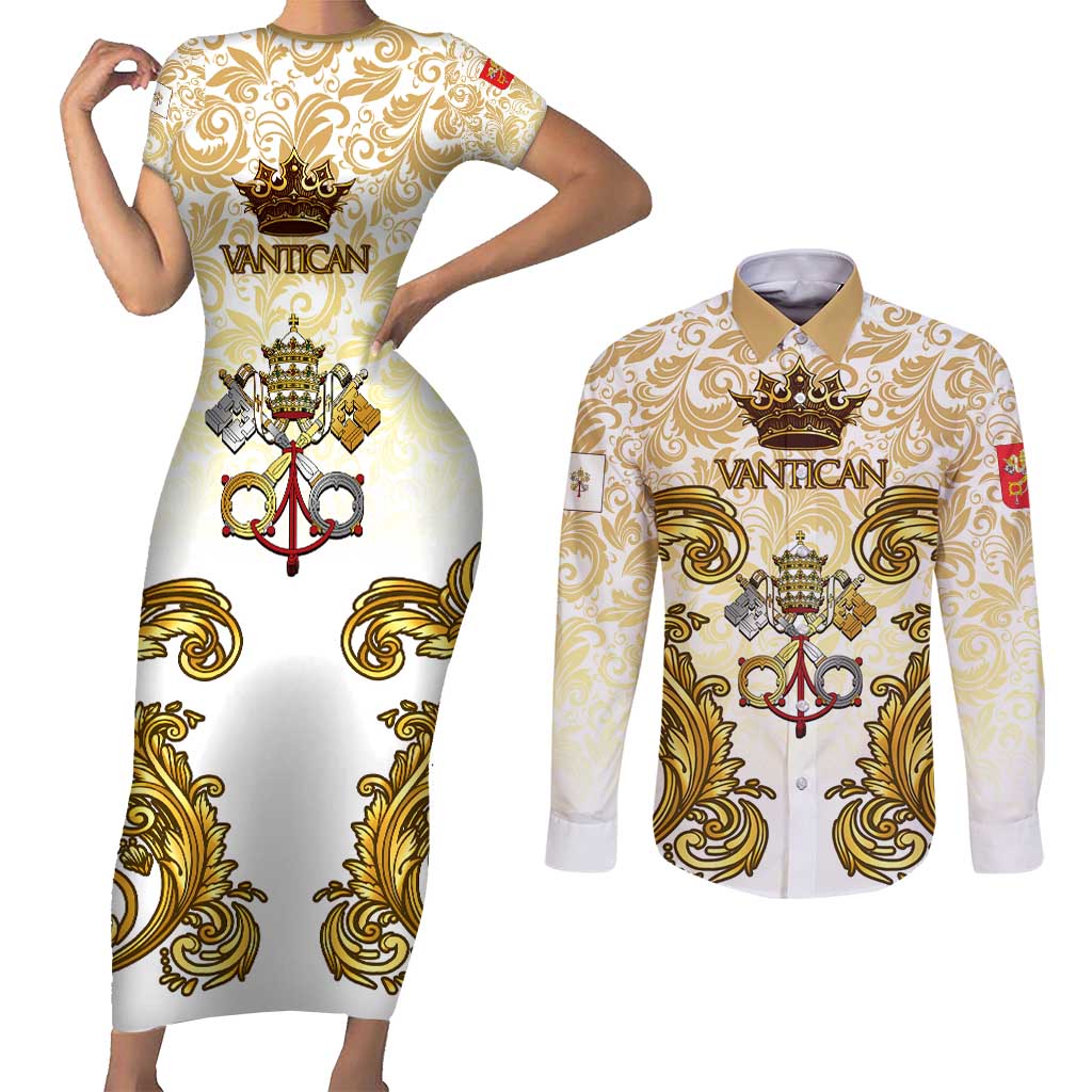 Vatican Gold Baroque Couples Matching Short Sleeve Bodycon Dress and Long Sleeve Button Shirt Papal Crown & Keys Vintage Catholic