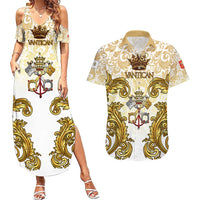 Vatican Gold Baroque Couples Matching Summer Maxi Dress and Hawaiian Shirt Papal Crown & Keys Vintage Catholic