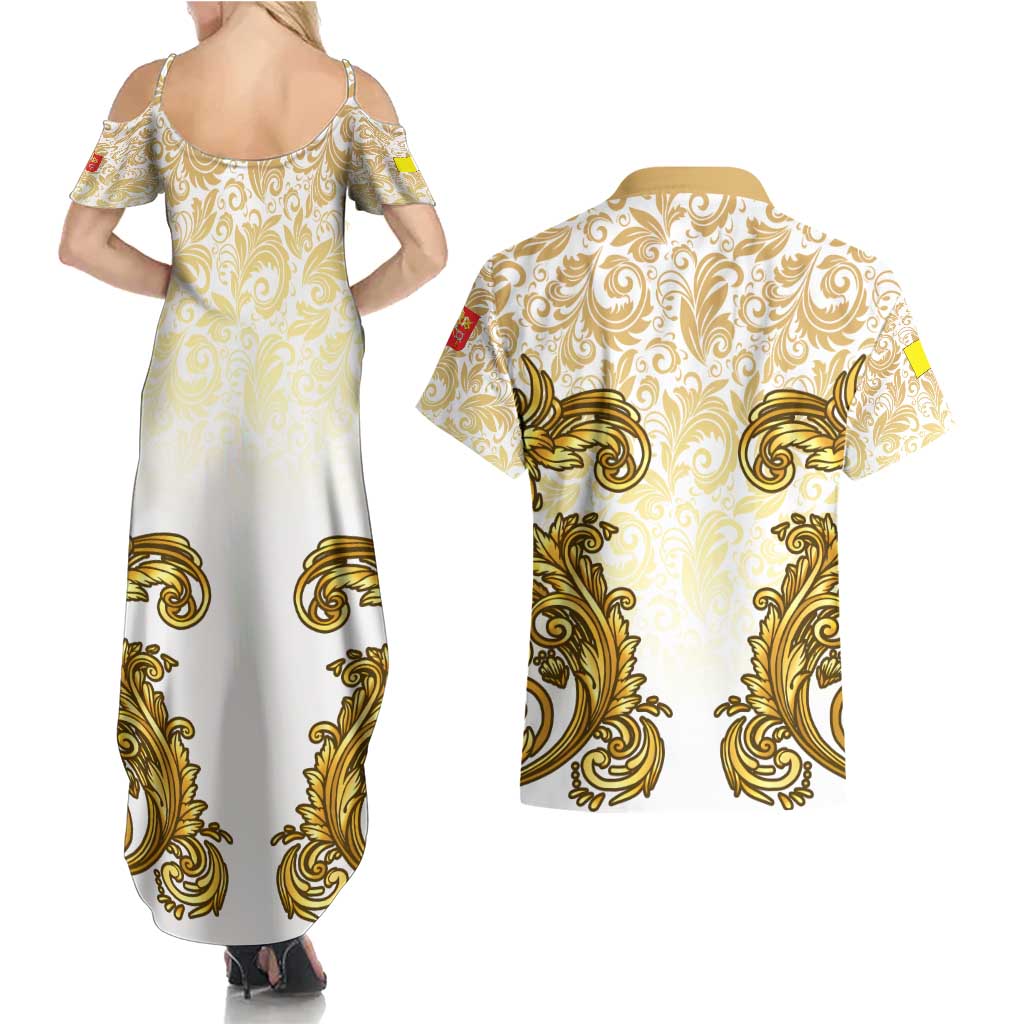 Vatican Gold Baroque Couples Matching Summer Maxi Dress and Hawaiian Shirt Papal Crown & Keys Vintage Catholic