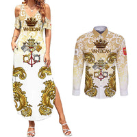 Vatican Gold Baroque Couples Matching Summer Maxi Dress and Long Sleeve Button Shirt Papal Crown & Keys Vintage Catholic