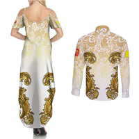 Vatican Gold Baroque Couples Matching Summer Maxi Dress and Long Sleeve Button Shirt Papal Crown & Keys Vintage Catholic