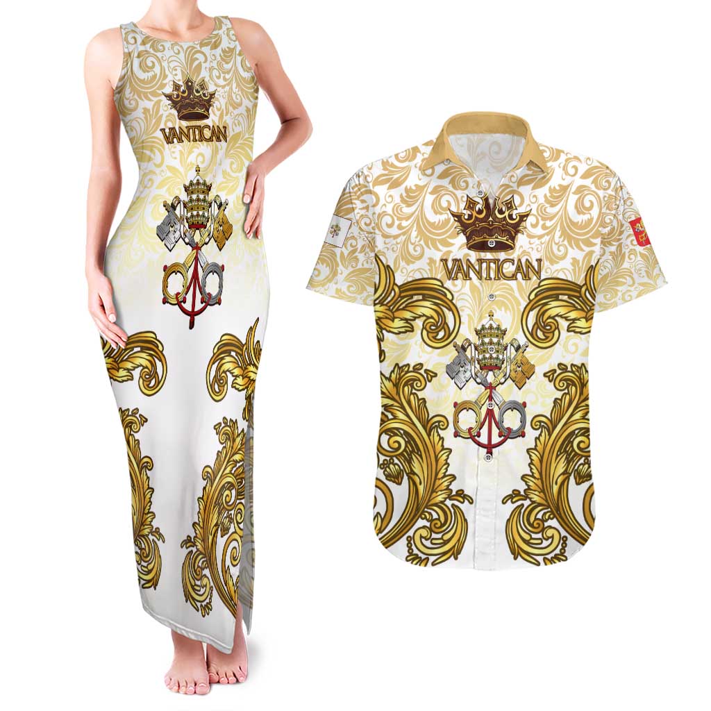 Vatican Gold Baroque Couples Matching Tank Maxi Dress and Hawaiian Shirt Papal Crown & Keys Vintage Catholic