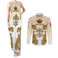 Vatican Gold Baroque Couples Matching Tank Maxi Dress and Long Sleeve Button Shirt Papal Crown & Keys Vintage Catholic