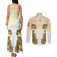 Vatican Gold Baroque Couples Matching Tank Maxi Dress and Long Sleeve Button Shirt Papal Crown & Keys Vintage Catholic