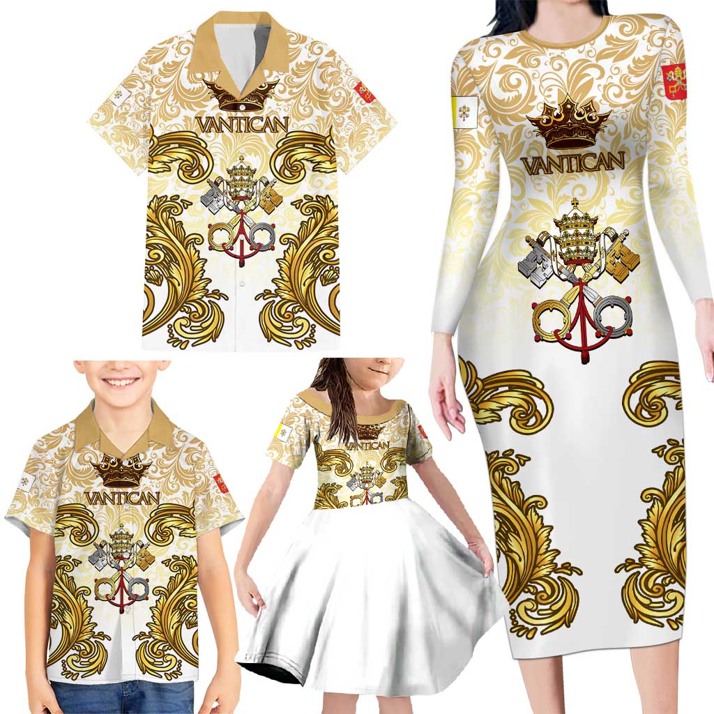 Vatican Gold Baroque Family Matching Long Sleeve Bodycon Dress and Hawaiian Shirt Papal Crown & Keys Vintage Catholic