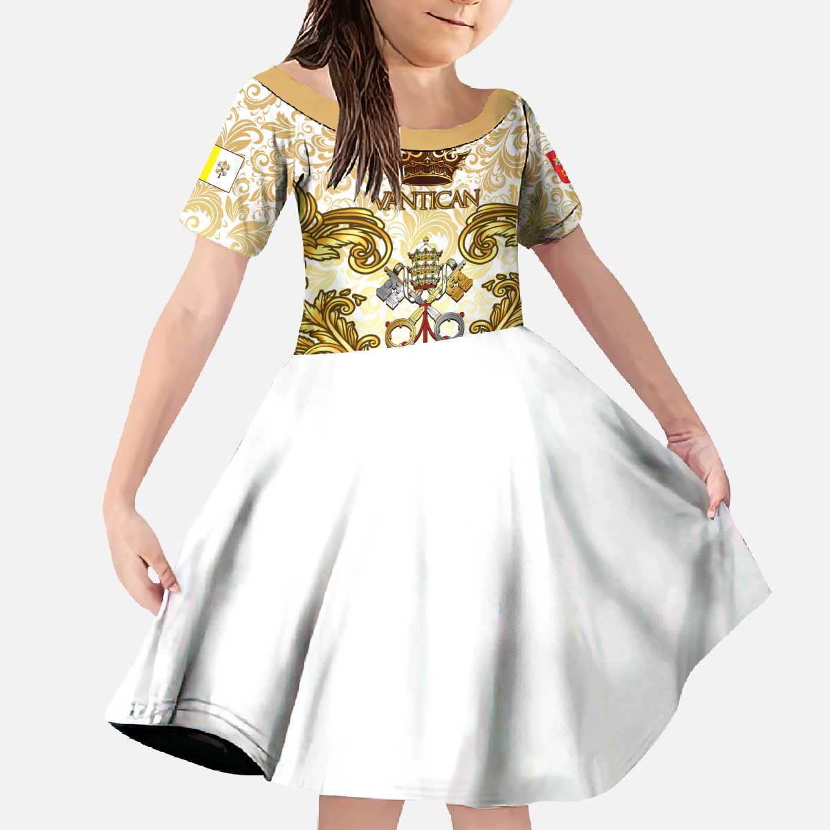 Vatican Gold Baroque Family Matching Off The Shoulder Long Sleeve Dress and Hawaiian Shirt Papal Crown & Keys Vintage Catholic