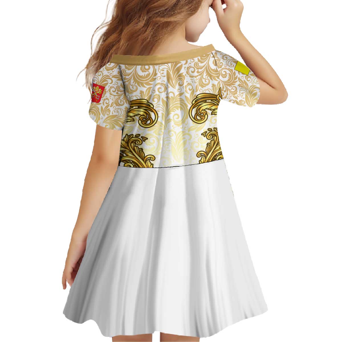 Vatican Gold Baroque Family Matching Off The Shoulder Long Sleeve Dress and Hawaiian Shirt Papal Crown & Keys Vintage Catholic
