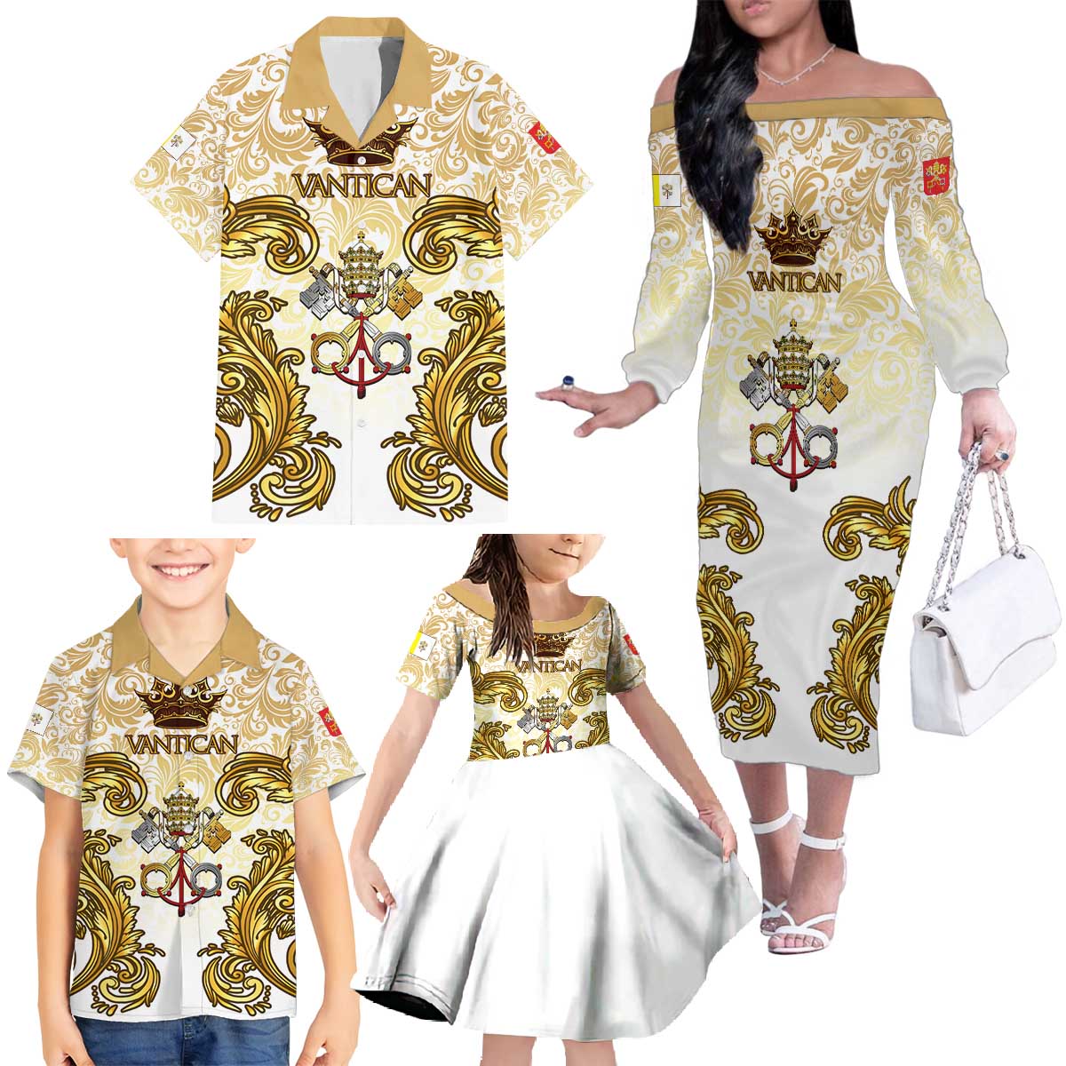 Vatican Gold Baroque Family Matching Off The Shoulder Long Sleeve Dress and Hawaiian Shirt Papal Crown & Keys Vintage Catholic