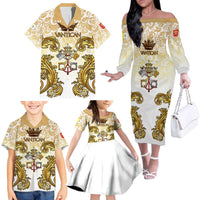 Vatican Gold Baroque Family Matching Off The Shoulder Long Sleeve Dress and Hawaiian Shirt Papal Crown & Keys Vintage Catholic