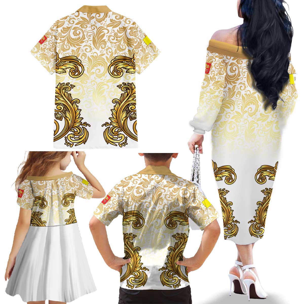 Vatican Gold Baroque Family Matching Off The Shoulder Long Sleeve Dress and Hawaiian Shirt Papal Crown & Keys Vintage Catholic