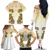 Vatican Gold Baroque Family Matching Off The Shoulder Long Sleeve Dress and Hawaiian Shirt Papal Crown & Keys Vintage Catholic