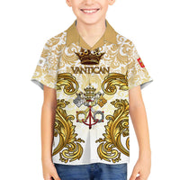 Vatican Gold Baroque Family Matching Off The Shoulder Long Sleeve Dress and Hawaiian Shirt Papal Crown & Keys Vintage Catholic