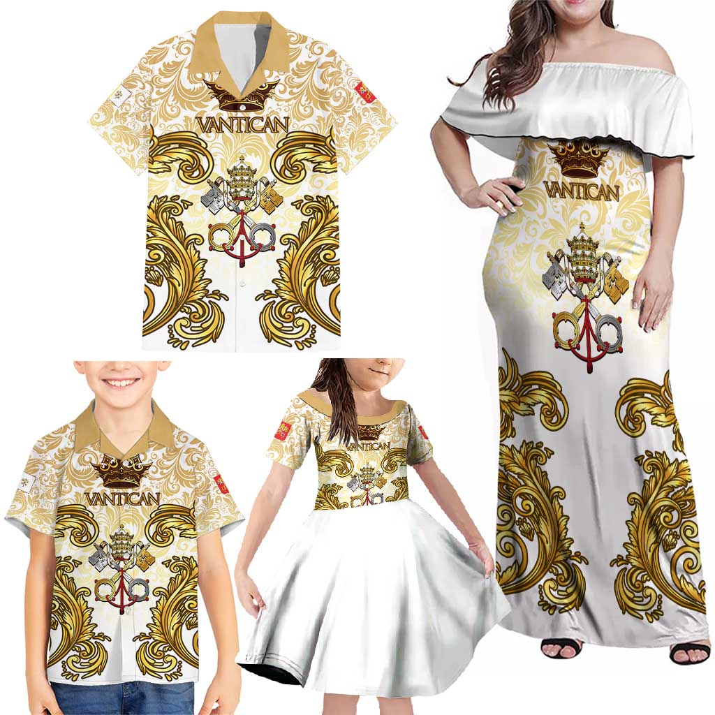 Vatican Gold Baroque Family Matching Off Shoulder Maxi Dress and Hawaiian Shirt Papal Crown & Keys Vintage Catholic