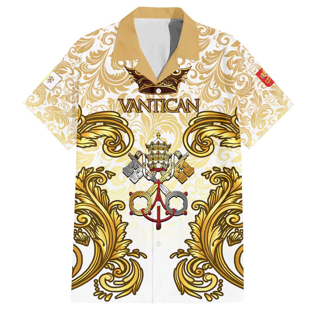 Vatican Gold Baroque Family Matching Off Shoulder Maxi Dress and Hawaiian Shirt Papal Crown & Keys Vintage Catholic