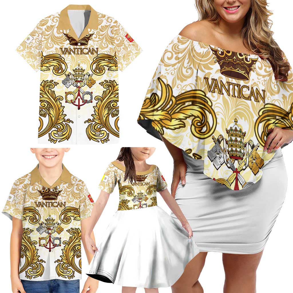Vatican Gold Baroque Family Matching Off Shoulder Short Dress and Hawaiian Shirt Papal Crown & Keys Vintage Catholic
