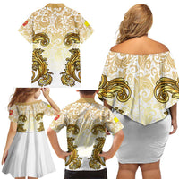 Vatican Gold Baroque Family Matching Off Shoulder Short Dress and Hawaiian Shirt Papal Crown & Keys Vintage Catholic