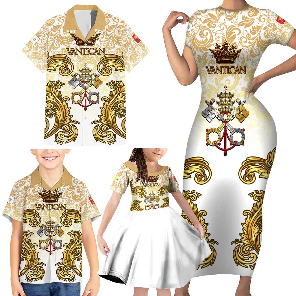 Vatican Gold Baroque Family Matching Short Sleeve Bodycon Dress and Hawaiian Shirt Papal Crown & Keys Vintage Catholic