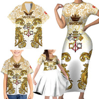 Vatican Gold Baroque Family Matching Short Sleeve Bodycon Dress and Hawaiian Shirt Papal Crown & Keys Vintage Catholic