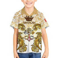 Vatican Gold Baroque Family Matching Short Sleeve Bodycon Dress and Hawaiian Shirt Papal Crown & Keys Vintage Catholic