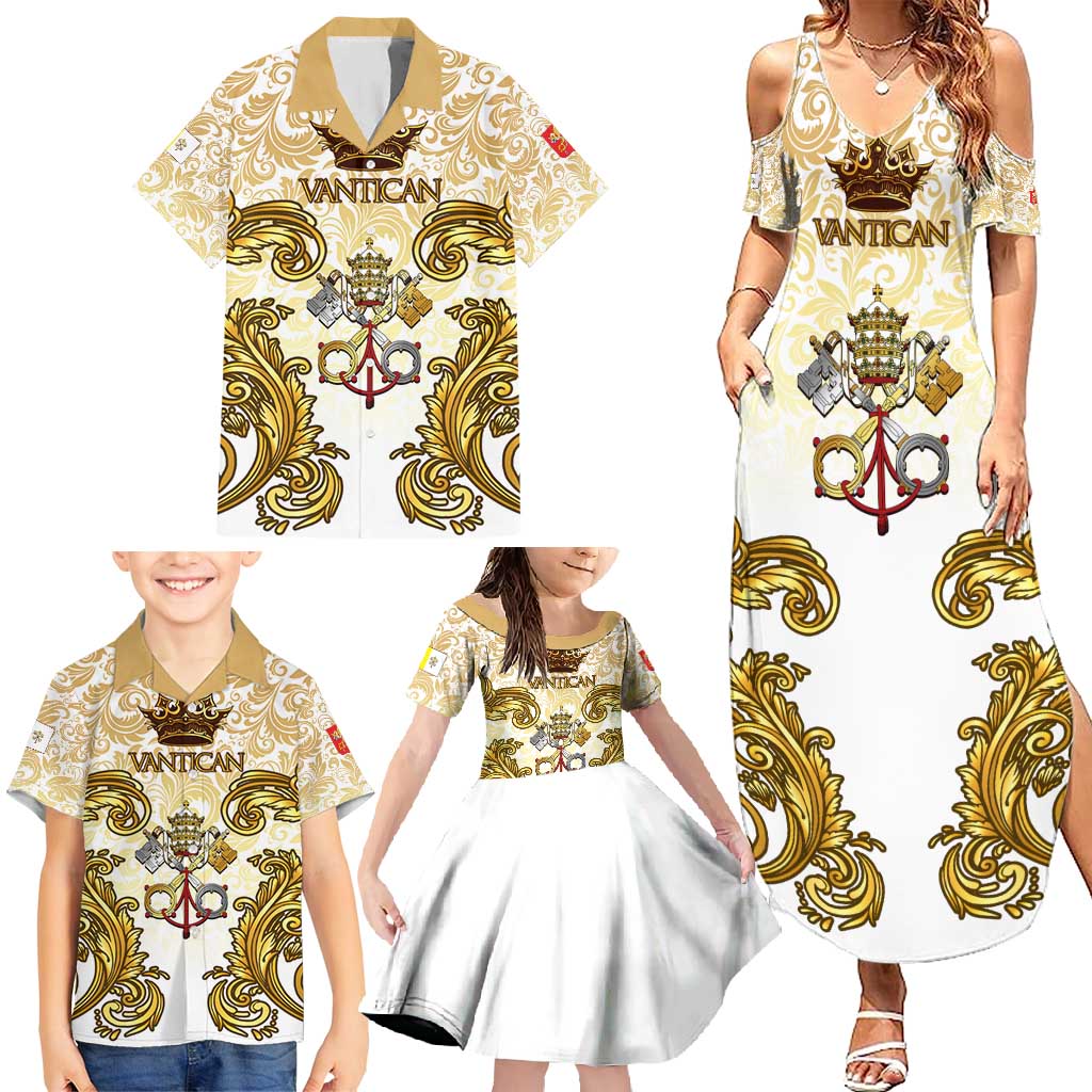 Vatican Gold Baroque Family Matching Summer Maxi Dress and Hawaiian Shirt Papal Crown & Keys Vintage Catholic