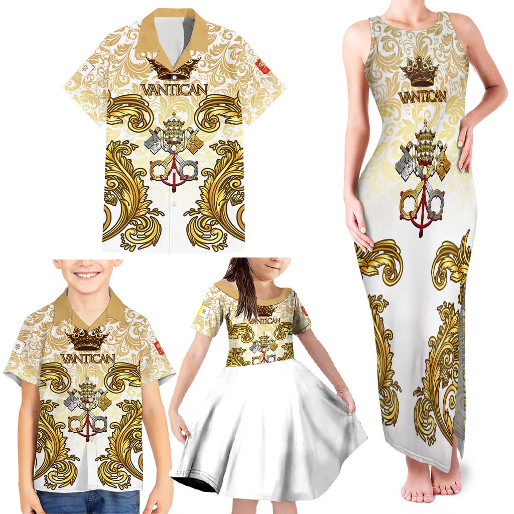 Vatican Gold Baroque Family Matching Tank Maxi Dress and Hawaiian Shirt Papal Crown & Keys Vintage Catholic