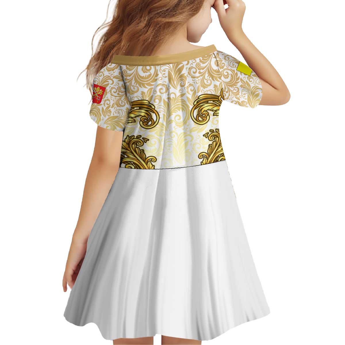 Vatican Gold Baroque Kid Short Sleeve Dress Papal Crown & Keys Vintage Catholic