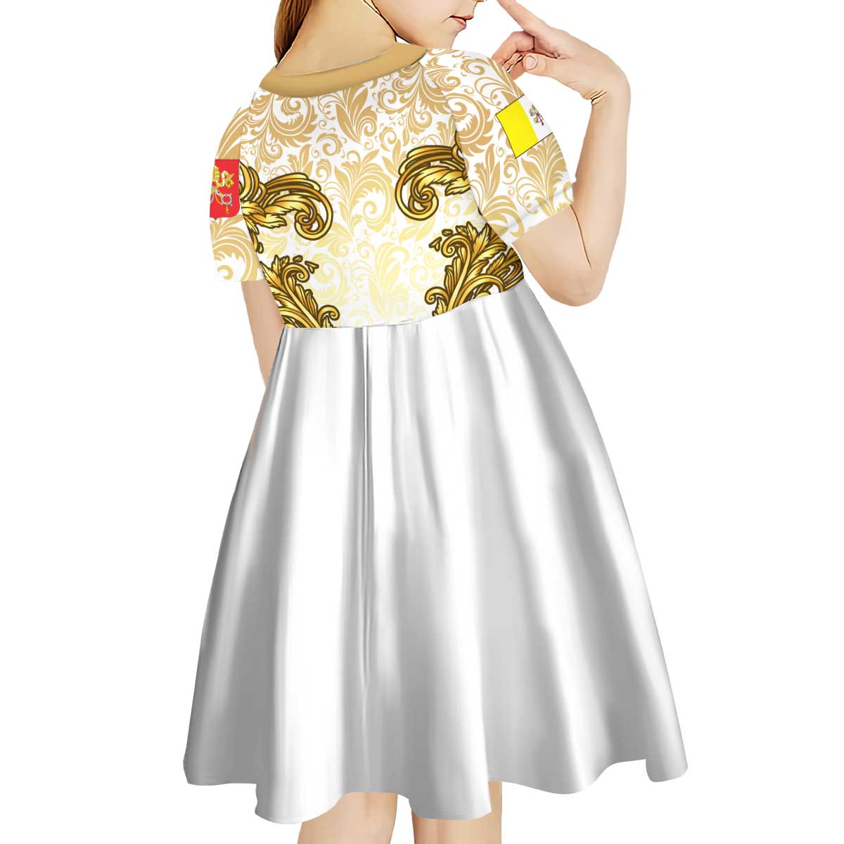 Vatican Gold Baroque Kid Short Sleeve Dress Papal Crown & Keys Vintage Catholic