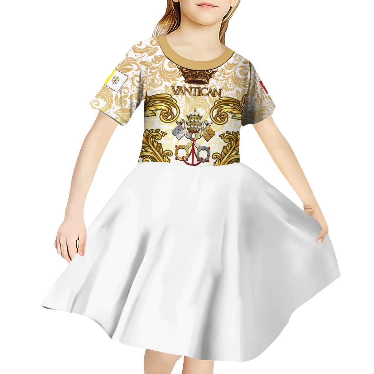 Vatican Gold Baroque Kid Short Sleeve Dress Papal Crown & Keys Vintage Catholic