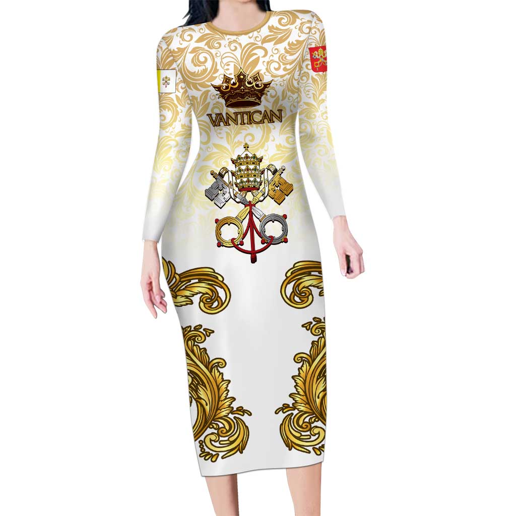 Vatican Gold Baroque Long Sleeve Bodycon Dress Papal Crown & Keys Vintage Catholic