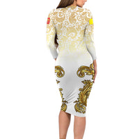 Vatican Gold Baroque Long Sleeve Bodycon Dress Papal Crown & Keys Vintage Catholic
