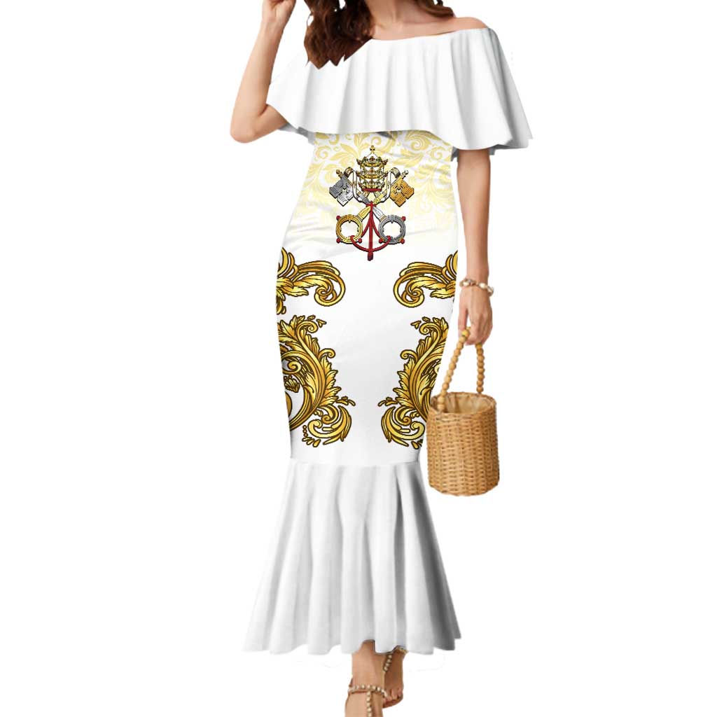 Vatican Gold Baroque Mermaid Dress Papal Crown & Keys Vintage Catholic