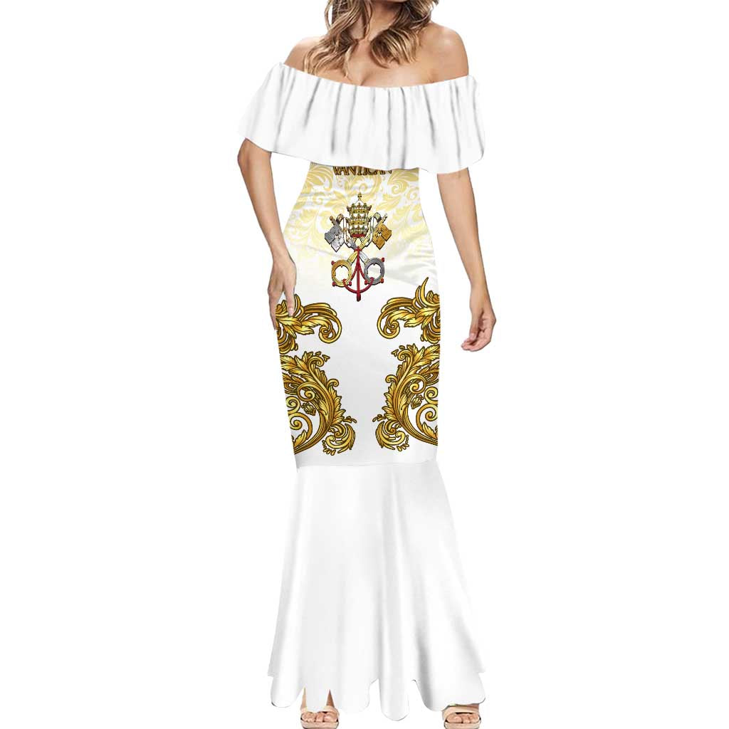Vatican Gold Baroque Mermaid Dress Papal Crown & Keys Vintage Catholic