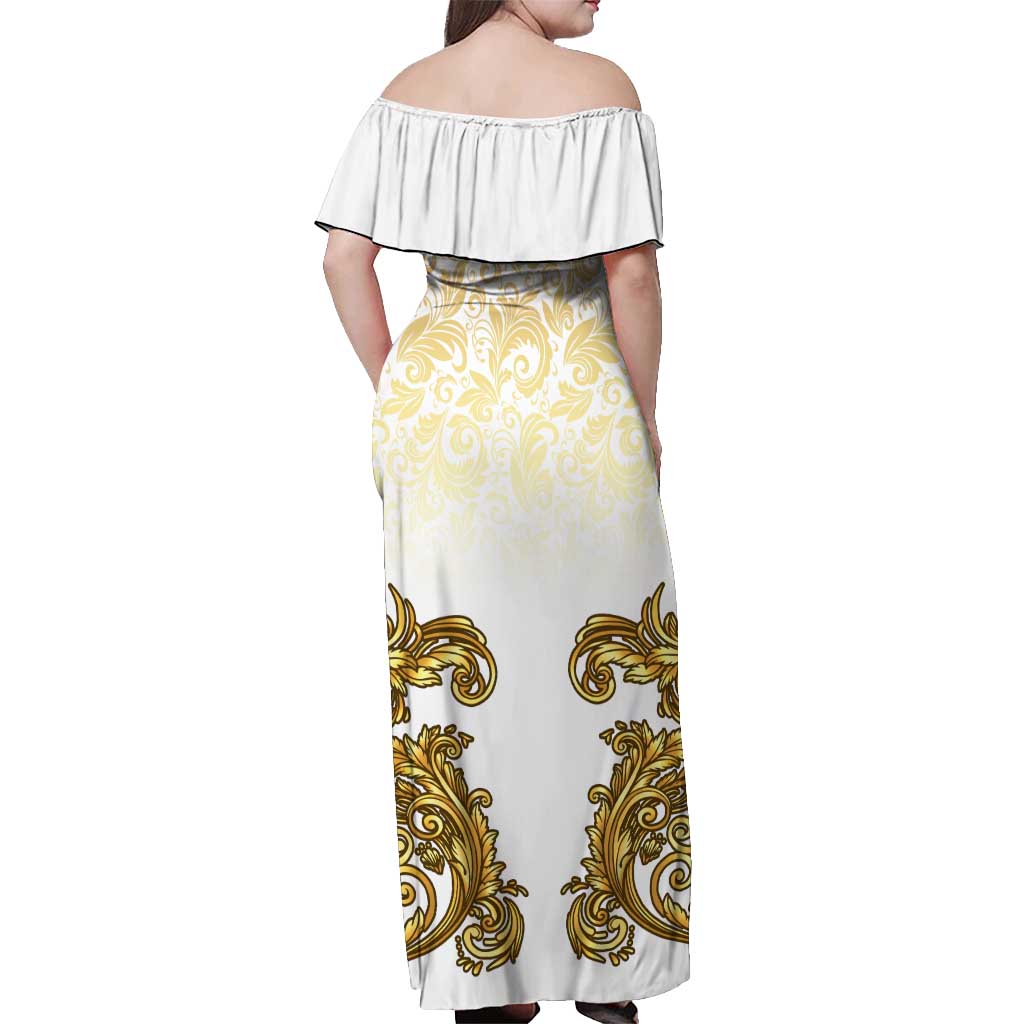 Vatican Gold Baroque Off Shoulder Maxi Dress Papal Crown & Keys Vintage Catholic