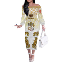 Vatican Gold Baroque Off The Shoulder Long Sleeve Dress Papal Crown & Keys Vintage Catholic