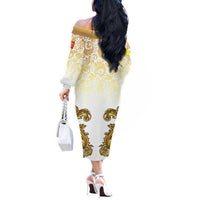 Vatican Gold Baroque Off The Shoulder Long Sleeve Dress Papal Crown & Keys Vintage Catholic