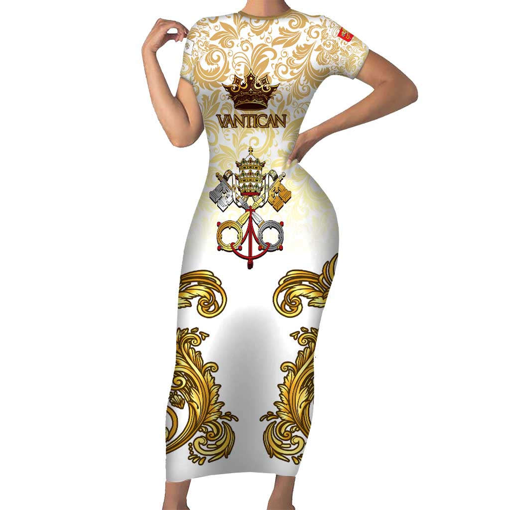 Vatican Gold Baroque Short Sleeve Bodycon Dress Papal Crown & Keys Vintage Catholic