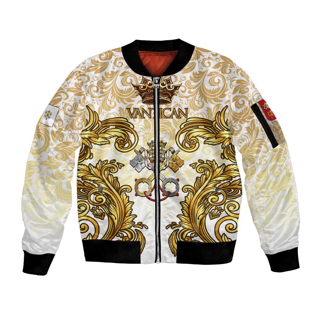 Vatican Gold Baroque Sleeve Zip Bomber Jacket Papal Crown & Keys Vintage Catholic