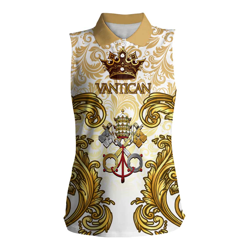 Vatican Gold Baroque Women Sleeveless Polo Shirt Papal Crown & Keys Vintage Catholic