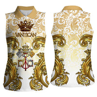 Vatican Gold Baroque Women Sleeveless Polo Shirt Papal Crown & Keys Vintage Catholic
