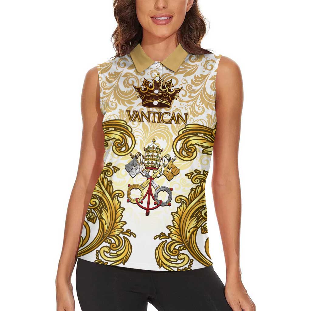 Vatican Gold Baroque Women Sleeveless Polo Shirt Papal Crown & Keys Vintage Catholic