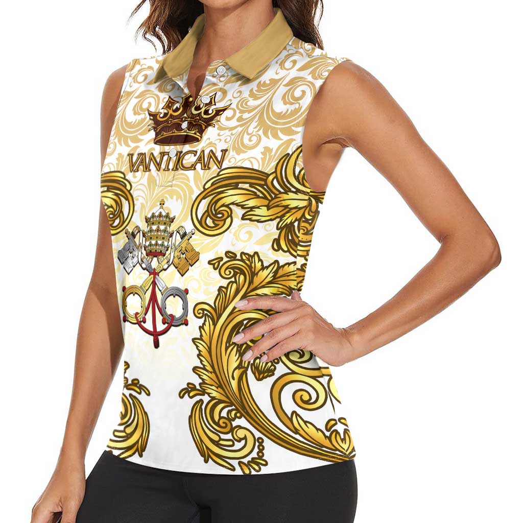 Vatican Gold Baroque Women Sleeveless Polo Shirt Papal Crown & Keys Vintage Catholic