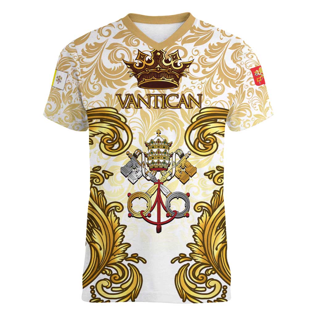 Vatican Gold Baroque Women V-Neck T-Shirt Papal Crown & Keys Vintage Catholic