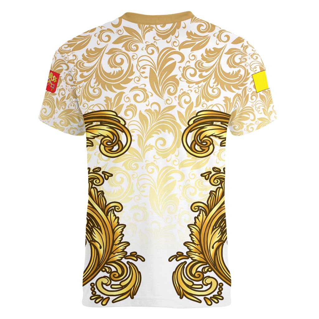 Vatican Gold Baroque Women V-Neck T-Shirt Papal Crown & Keys Vintage Catholic