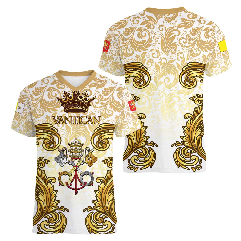 Vatican Gold Baroque Women V-Neck T-Shirt Papal Crown & Keys Vintage Catholic