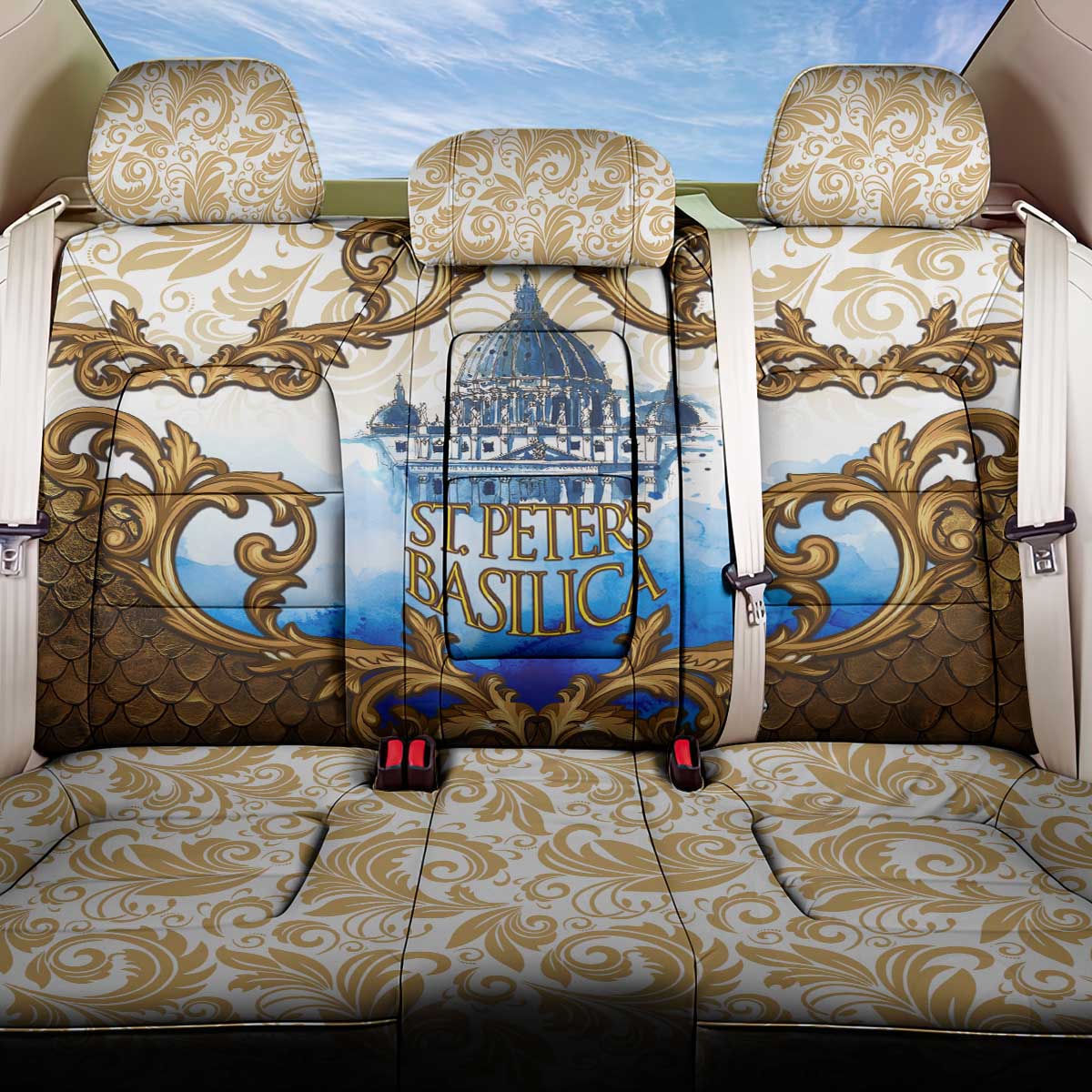 Vatican Baroque Back Car Seat Cover St. Peter’s Basilica & Catholic Flag Gold Ornate