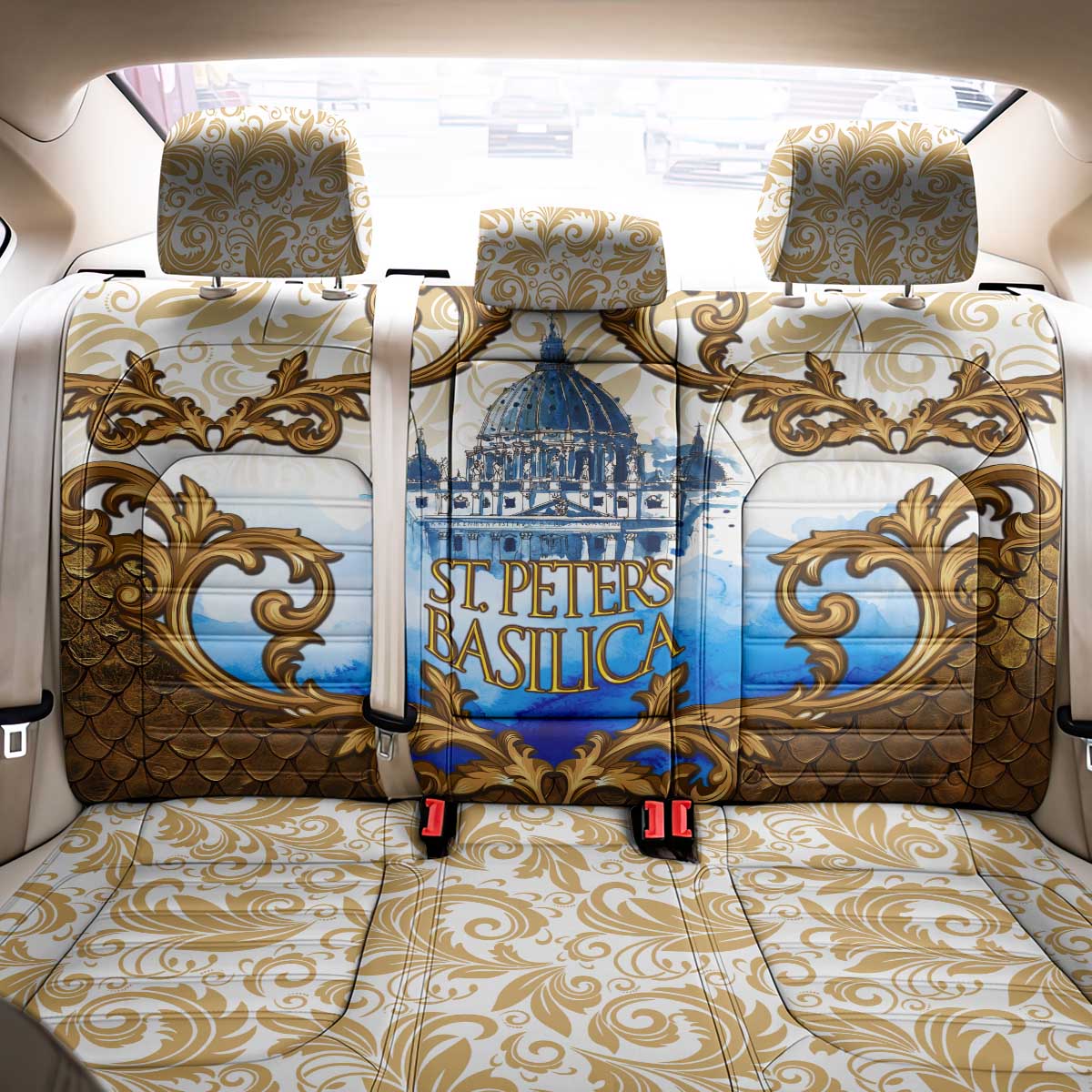 Vatican Baroque Back Car Seat Cover St. Peter’s Basilica & Catholic Flag Gold Ornate