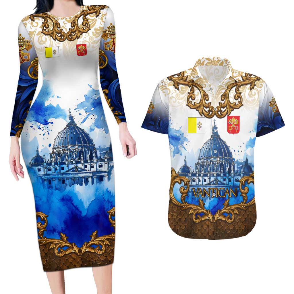 Vatican Baroque Couples Matching Long Sleeve Bodycon Dress and Hawaiian Shirt St. Peter’s Basilica & Catholic Flag Gold Ornate