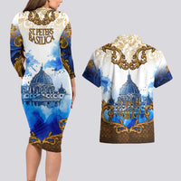 Vatican Baroque Couples Matching Long Sleeve Bodycon Dress and Hawaiian Shirt St. Peter’s Basilica & Catholic Flag Gold Ornate